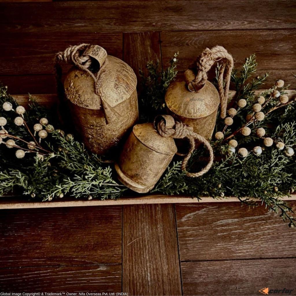 Set of 3 Rustic Black Style X-Large Bells Handmade Giant Metal Harmony Christmas Hanging Cow Bells Complete Set On Jute Rope