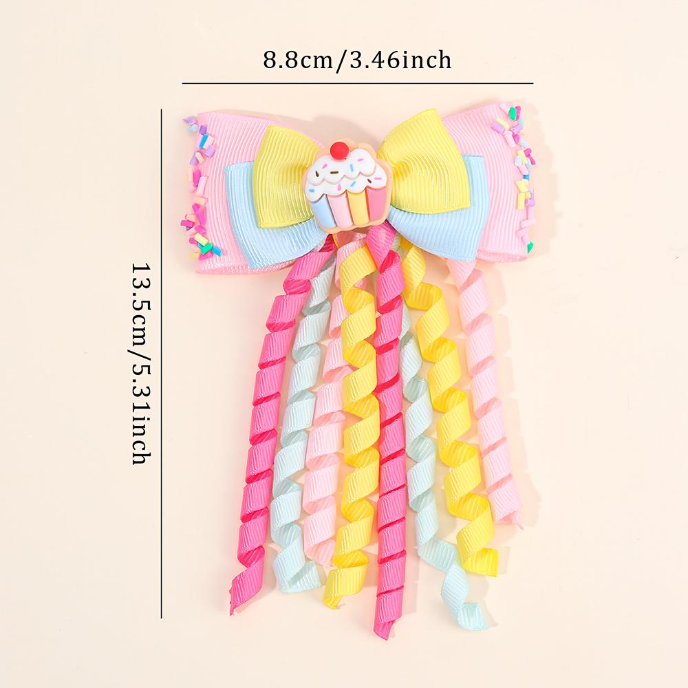 2Pcs Sweet Dessert Hair Clip Tassel Ribbon Curly Bow Hairpin For Girls Ponytail Barrette Children School Headdress Accessories
