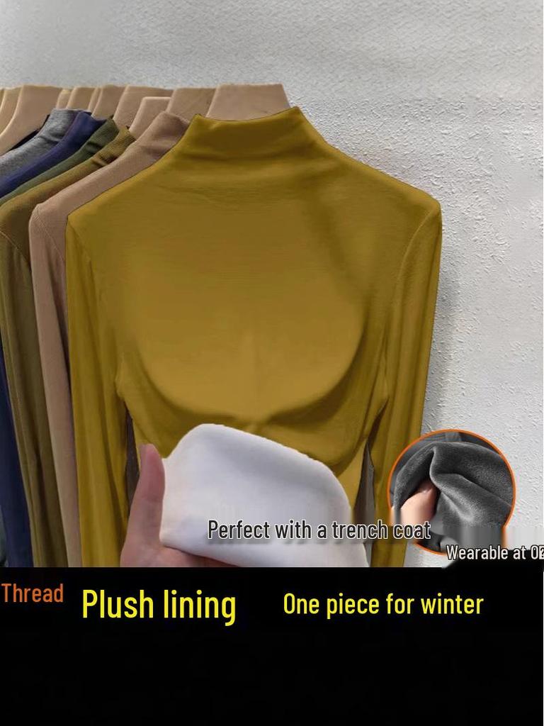 2024 Korean Style Warm Long-Sleeve Turtleneck Plus Velvet Women’s Base Layer Top