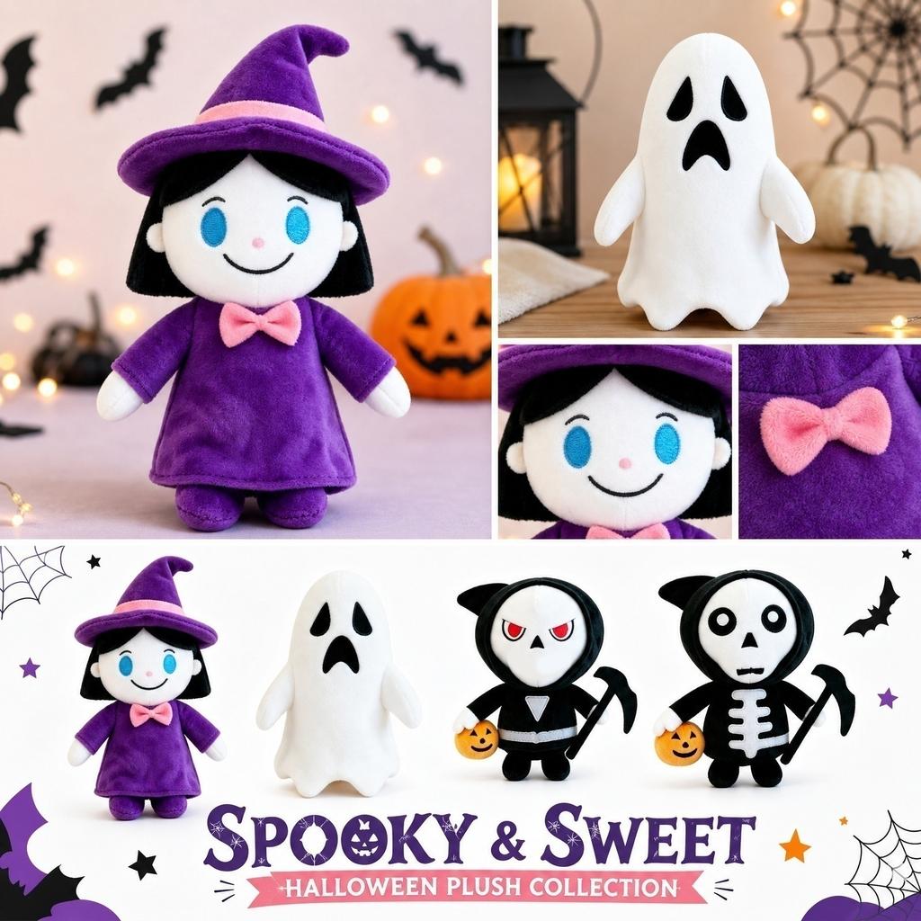 Plush Soft Stuffed Doll Witch Character with Hat and Bow Tie Halloween Plush Toy Gift for Kids and Collectors