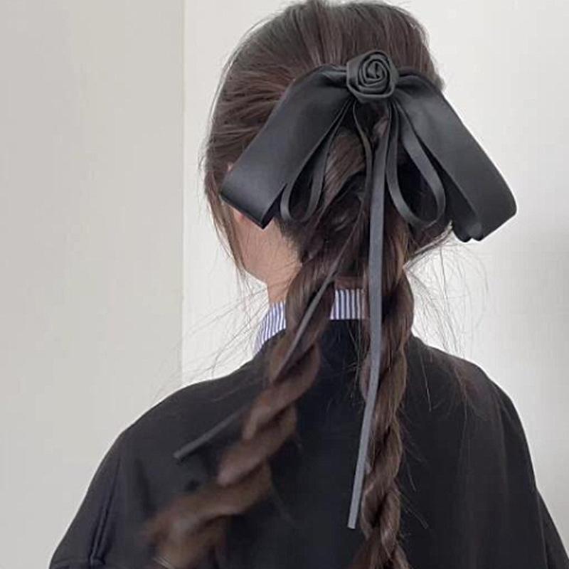 

Black Camellia Bow Ribbon Hairpin French Hair Clip Women Girly High-End Elegant Hair Up Top Clip Mourning Funeral Hair Accessory one size