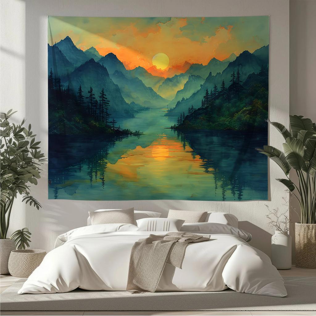 Sunset Mountain Tapestry Flat Print Misty Forest Landscape Wall Hanging Wilderness Nature Aesthetic Art for Bedroom Dorm Home