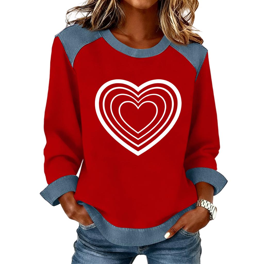 Women Denim Collar Patchwork Stitching Sweatshirt Casual  Pullover Long Sleeve Shirts