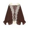 Womens Lace-Trimmed Chiffon Cover-Up Shirt V-Neck Long Sleeve Tie-Front Top Loose Fit