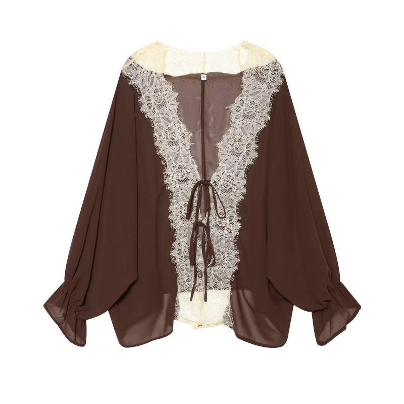 Womens Lace-Trimmed Chiffon Cover-Up Shirt V-Neck Long Sleeve Tie-Front Top Loose Fit