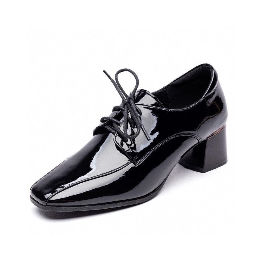 Kwadratowy nosek głębokie wycięcie pojedyncze buty damskie jesienno-zimowe nowe sznurowane krowia lakierowana skóra gruby obcas wysokie obcasy damskie modne buty