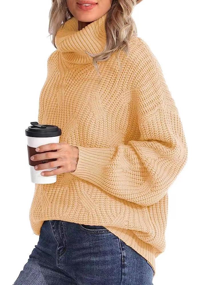 Autumn/Winter 2025 Women's Loose High Neck Cable Knit Sweater Pullover