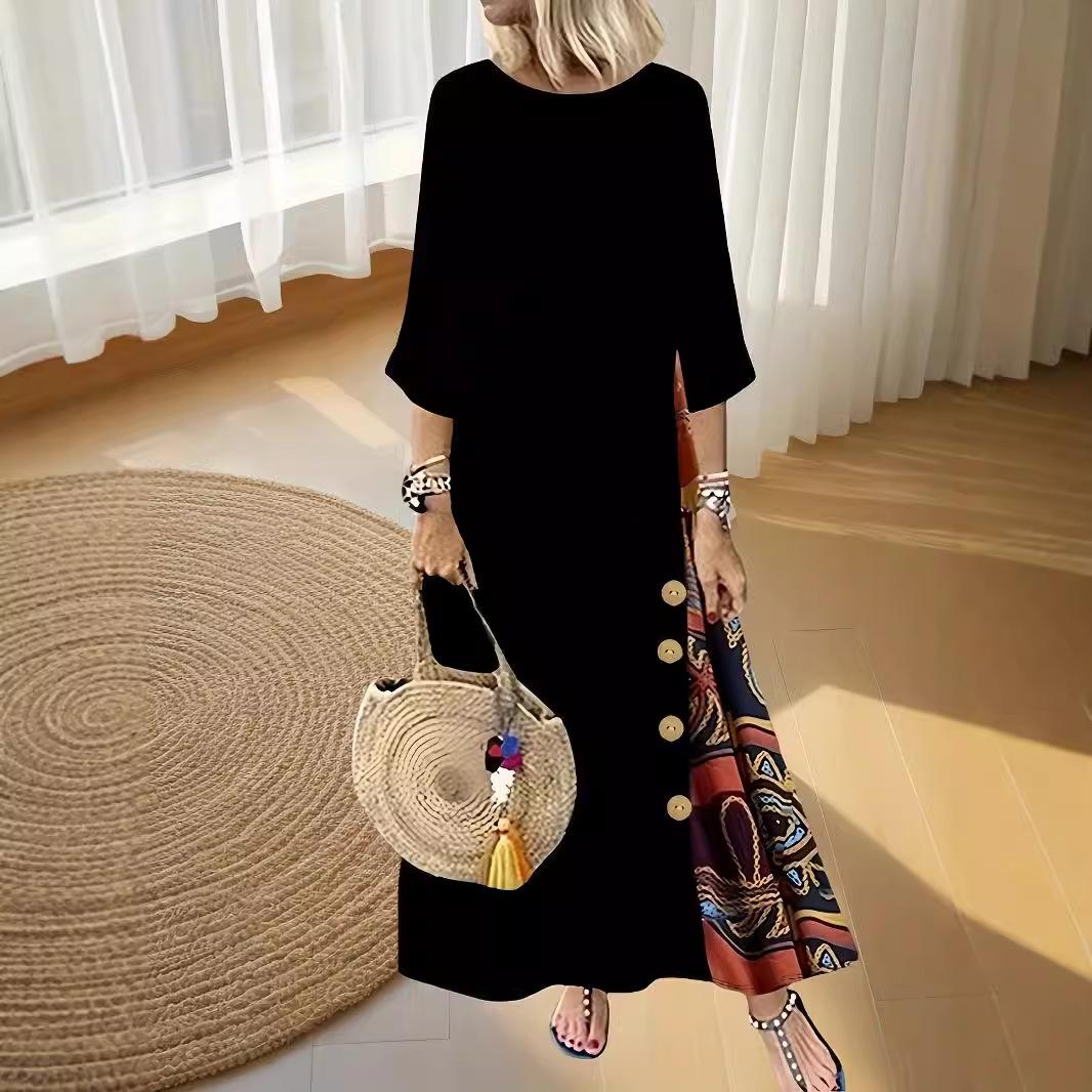 

Платье женское свободное длинное с рукавами три четверти и круглым вырезом в стиле пэчворк XL чёрный