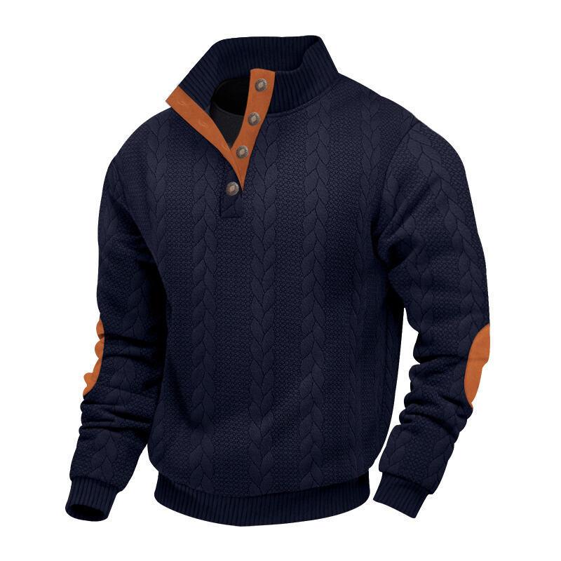 Jacquard Men's Button-Down Stand Collar Patchwork Henley Long-Sleeved Casual Sweatshirt