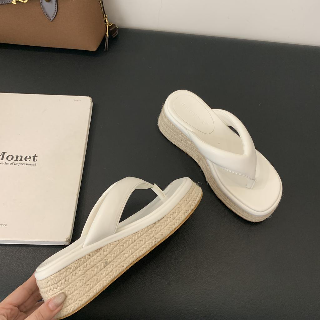 Fashion Women's Platform Silver Shoes, Platform Shoes, White, Hemp Rope, Flip-flops, Fashionable Design
