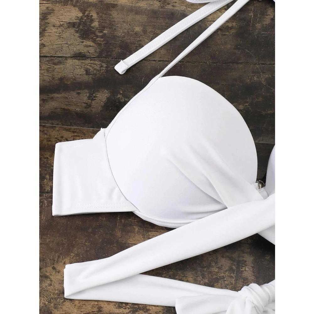 Women solid tie bow push up bikini sets three pieces with wrinkled ruffles mini skirt swimsuit bathing suit beach outfits