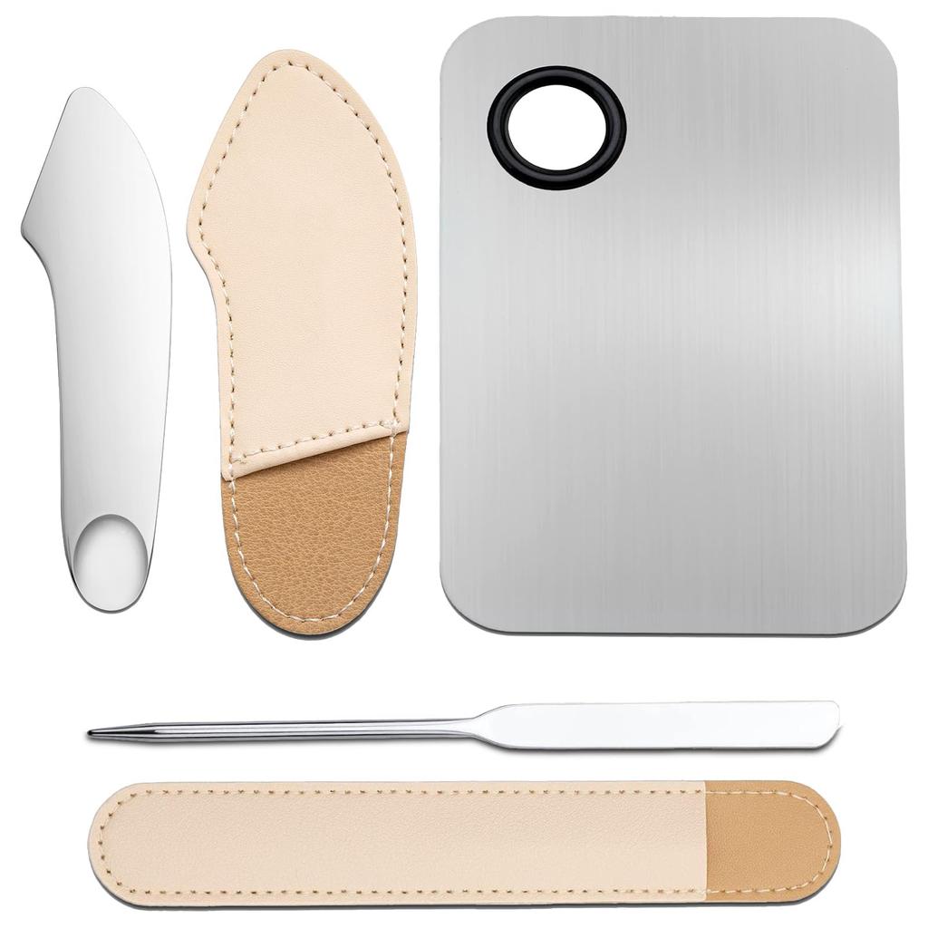 makeup scraper palette stainless for mixing thin coating professional surface gentle on the makeup beauty suitable for beginners 3-piece set, steel,