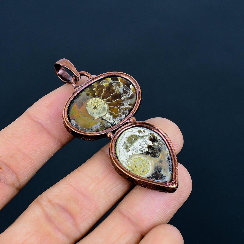 Ammonite Fossil Copper Electroformed Pendant, Handmade Gemstone Jewelry Pendant For Memorial Day