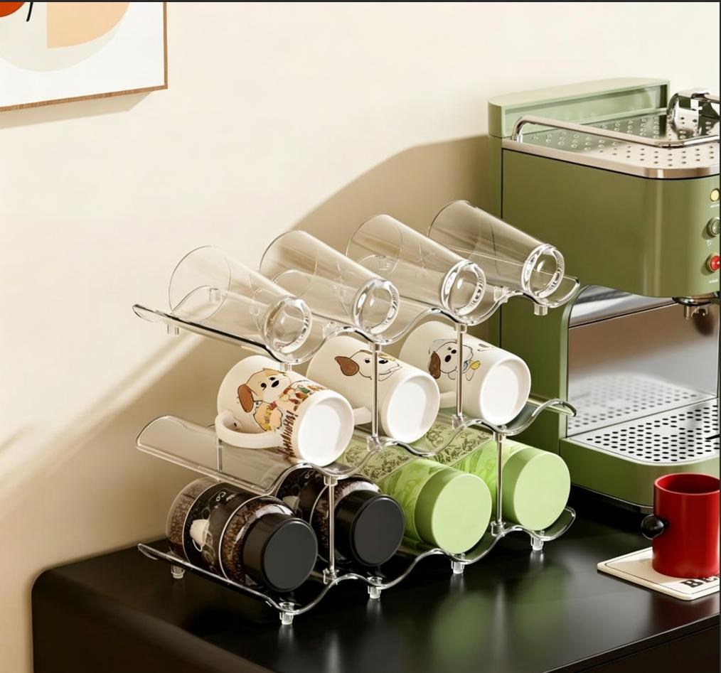 Stackable Colorful Plastic Cup Drying Rack Wave Shaped Mug Organizer For Kitchen Cabinet
