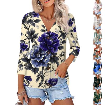 Damen Casual Mode Floral bedruckt Dreiviertelarm Knopf Strickjacke Top
