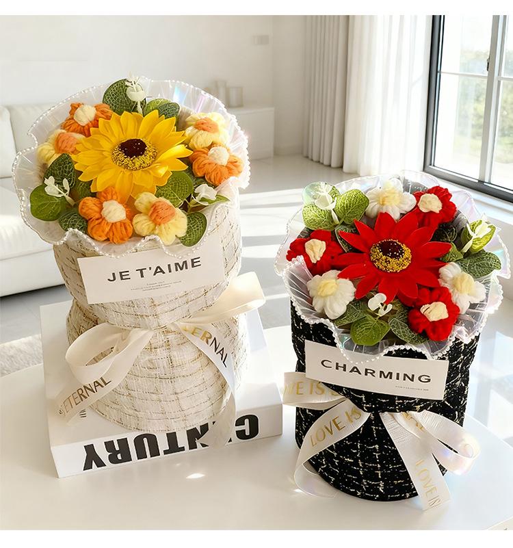 Sunflower Yarn Valentine's Day Soap Flower Bouquet - Graduation & Teacher's Day Gift, French Style Handheld Bouquet