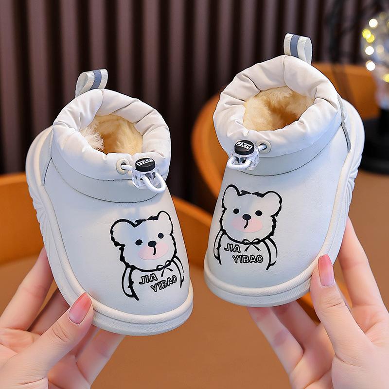 Niedliche Baumwoll-Schneestiefel mit Bärenaufdruck für Babyjungen und -mädchen - Winter-Slipper zum Hineinschlüpfen mit verdicktem Futter