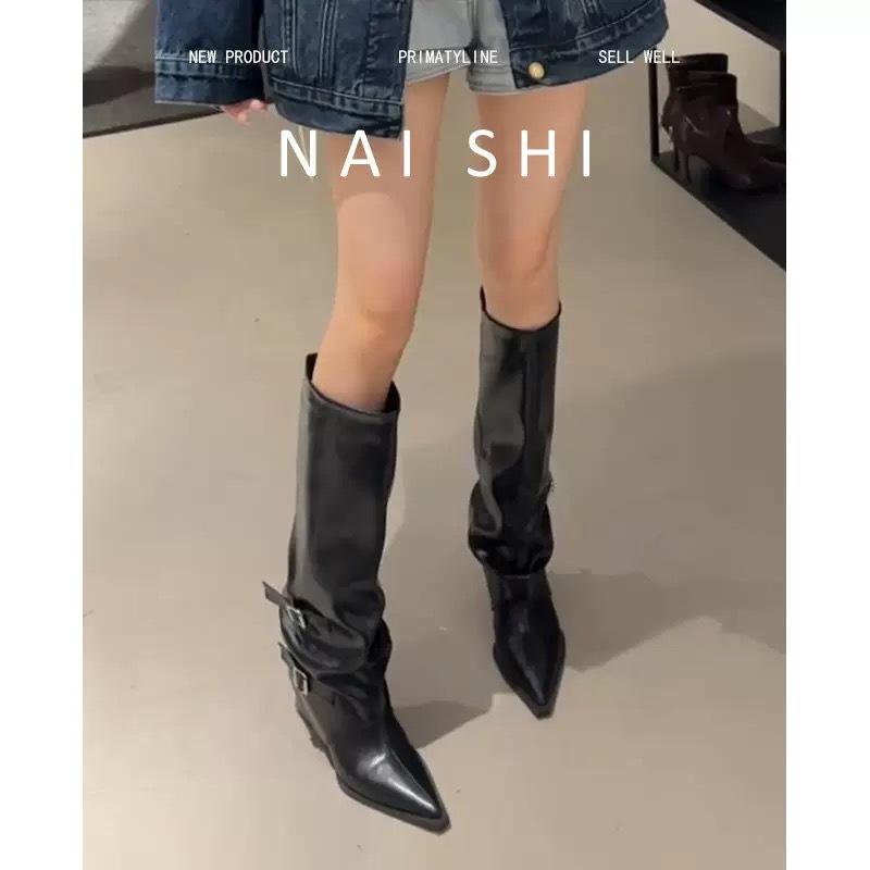 Bottes à boucle de ceinture bottes à talons épais bottes longues femme babes européennes et américaines bottes hautes pointues noires bottes pantalon