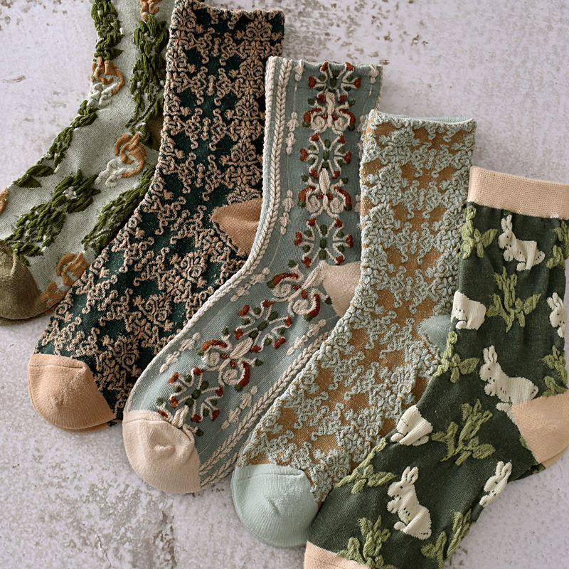 5 Pairs Retro Three-dimensional Relief Socks Women's Medium Tube Socks Spring and Summer Thin Cute Mori Literary Tide Stockings