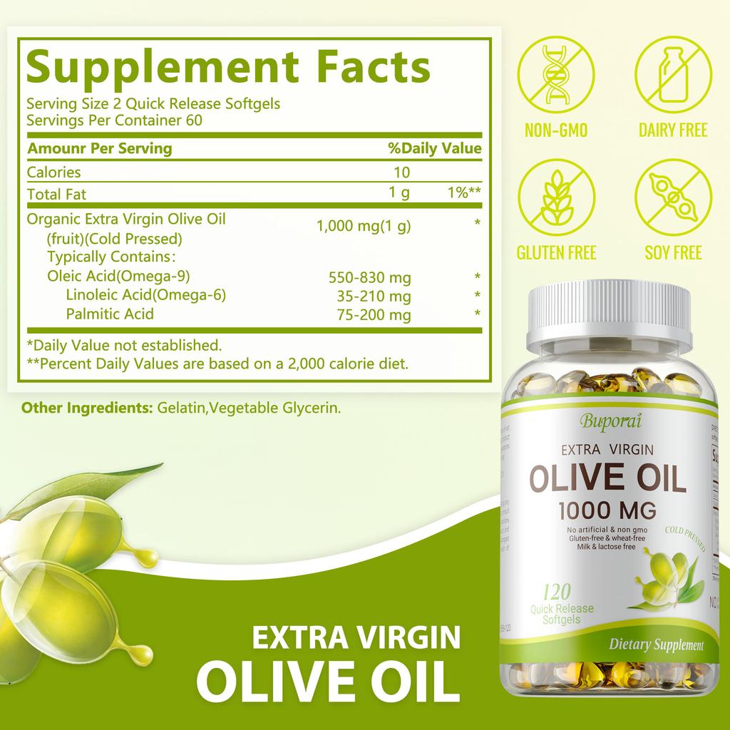 Kapseln mit nativem Olivenöl extra, 1000 mg, natürliche pflanzliche Ernährung, Immununterstützung, für Erwachsene geeignet.