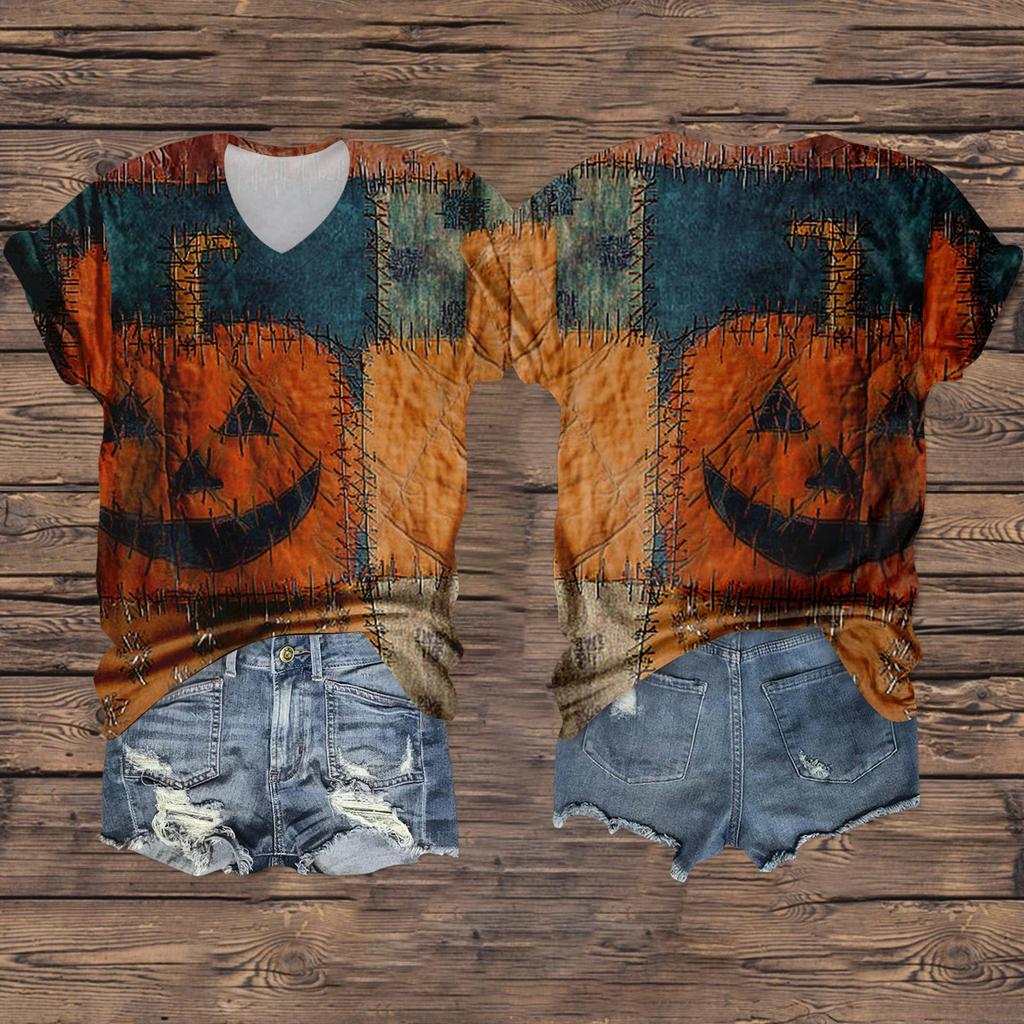 Damenmode Lässig Dreiviertelärmel Halloween Buchstaben, Gesichtsprint Oberteil