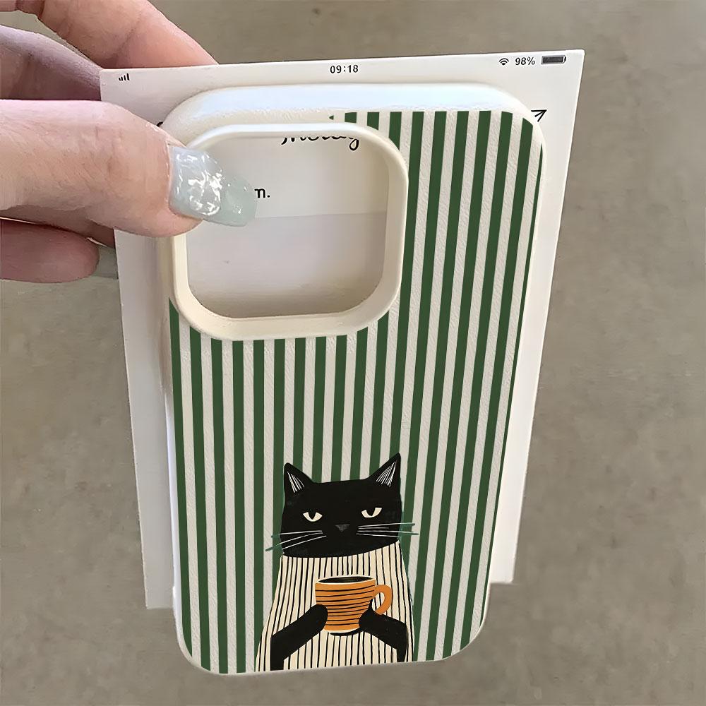 Funny Coffee Cat Pattern Lychee Phone Case For iPhone 18 17 16 15 14 13 Pro Max 15 14 Plus 17 18 Pro Air XS XR Shockproof Cover