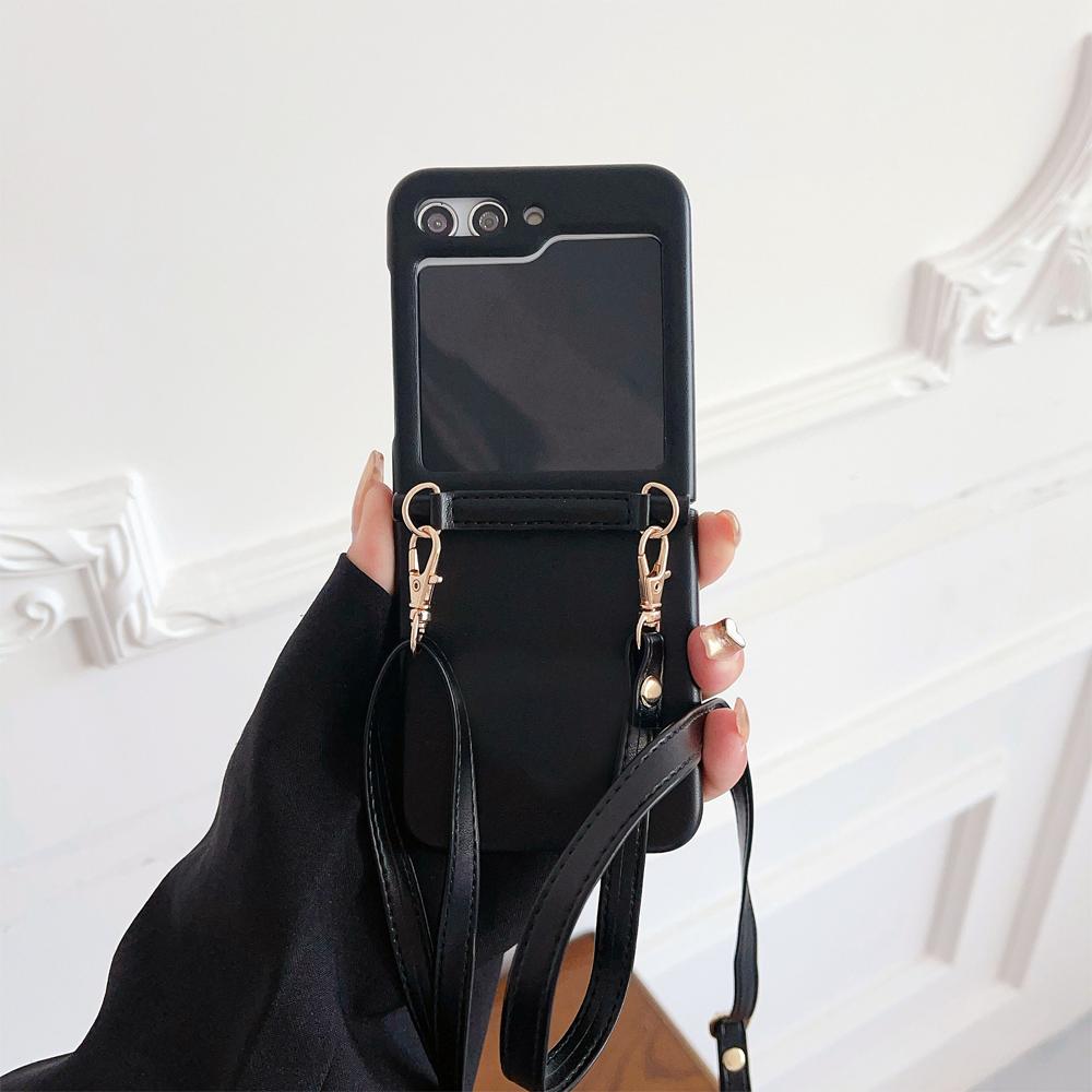 Crossbody Lanyard Shockproof  Phone Case for Samsung Galaxy Z Flip 5 4 3 Flip5 Flip4 Flip3 5G Leather Soft Fall Prevention Cover