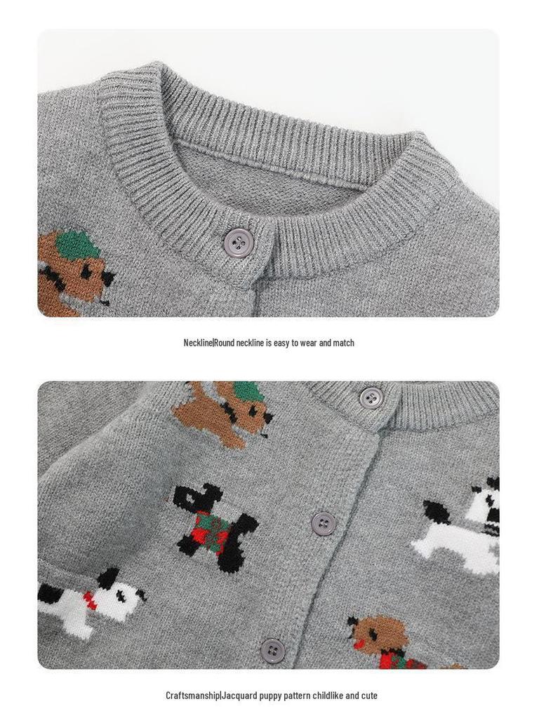 Świąteczny czerwony kardigan dziewczęcy z kreskówkowym motywem świątecznym - jesienny dzianinowy sweter-płaszcz.