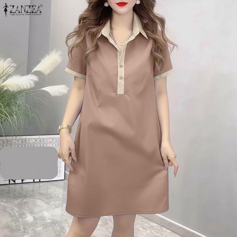 ZANZEA Women Casual Turn Down Collar Short Sleeve Shirt Dress