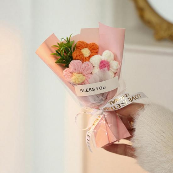 Crochet Flower Bouquet Handmade Knitted Mini Artificial Bouquet Fake Puff Flower Gift for Mother Wife On Birthday Anniversary