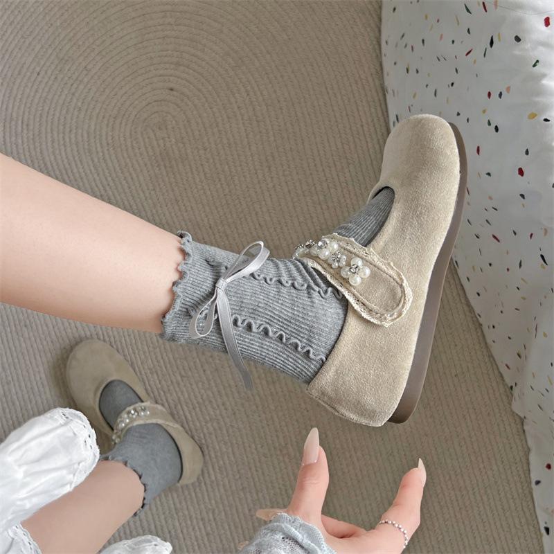 Versatile Round Head Shallow Mouth Rhinestone Flat-soled Single Shoes Women's 2025 New Spring and Autumn Skirt Retro Soft-soled Mary Jane Shoes