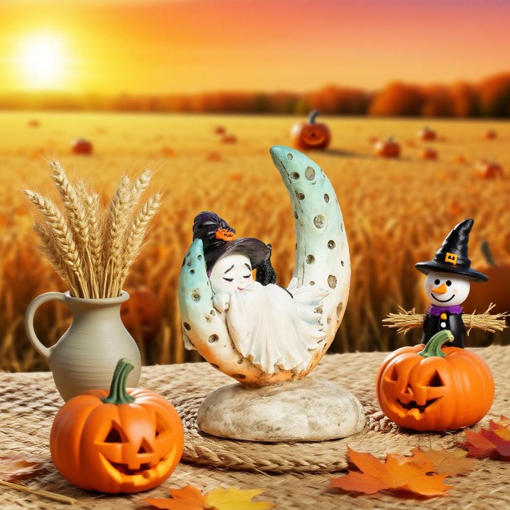 Creative mermaid moon little ghost Figurines  with Witch Hat Halloween resin craft Home Decor living room decoration for Holiday