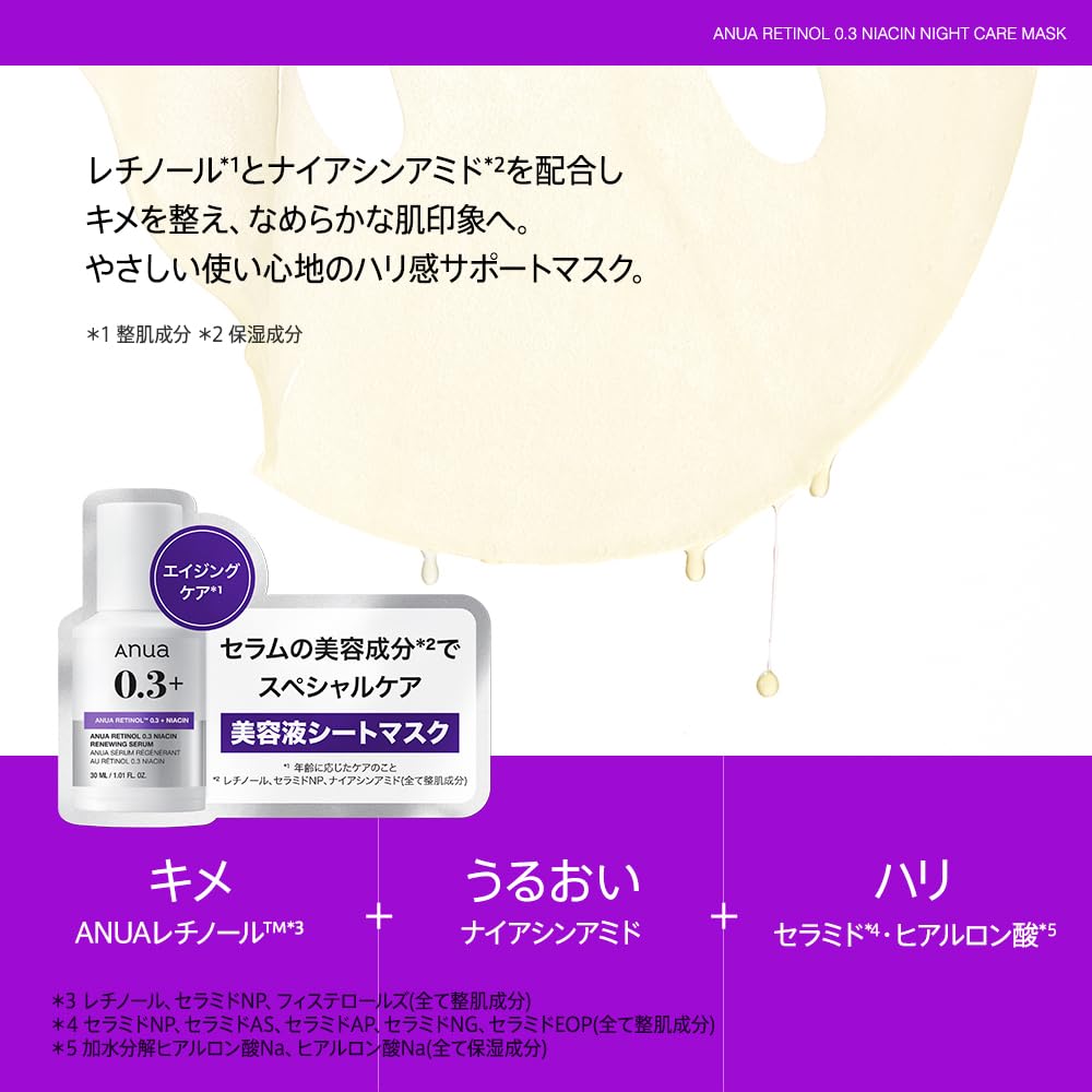 ANUA Retinol Niacin Night Care Mask Pack for Pore and Combination Retinol Daily Face Skincare 0.3 (7 sheets) Refinement, Moisturizing, Skin. Mask,