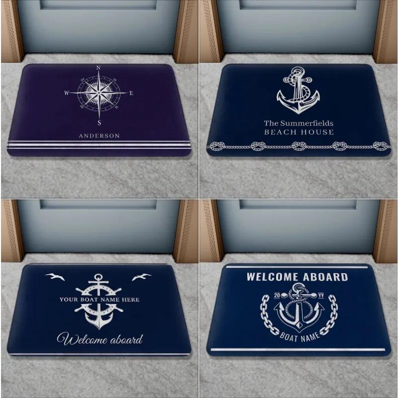 Classic Nautical Welcome Aboard Anchor Compass Ship Wheel Anti Slip Decorative Door Mat Bath Rug Indoor Outdoor Floor Mat