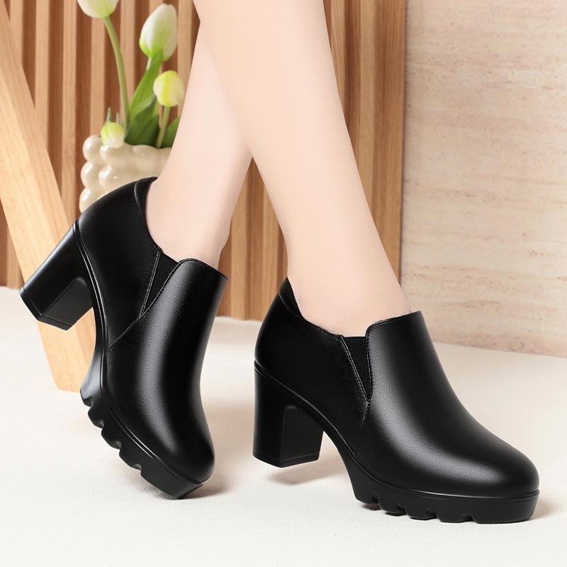 Round Head Deep Mouth Single Shoes Women's High Heel Thick Heel Versatile Spring and Autumn New Thick-soled Waterproof Table Women's Leather Shoes