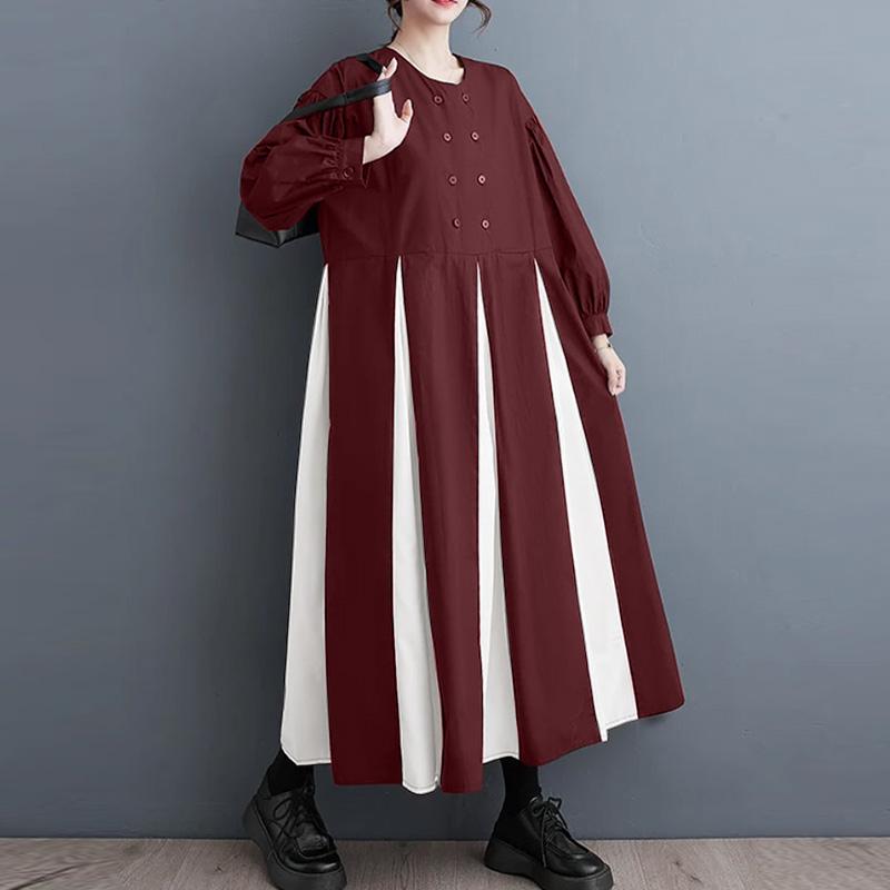 

ZANZEA Женская мода круглый вырез двубортный длинный рукав А-силуэт платья 2XL