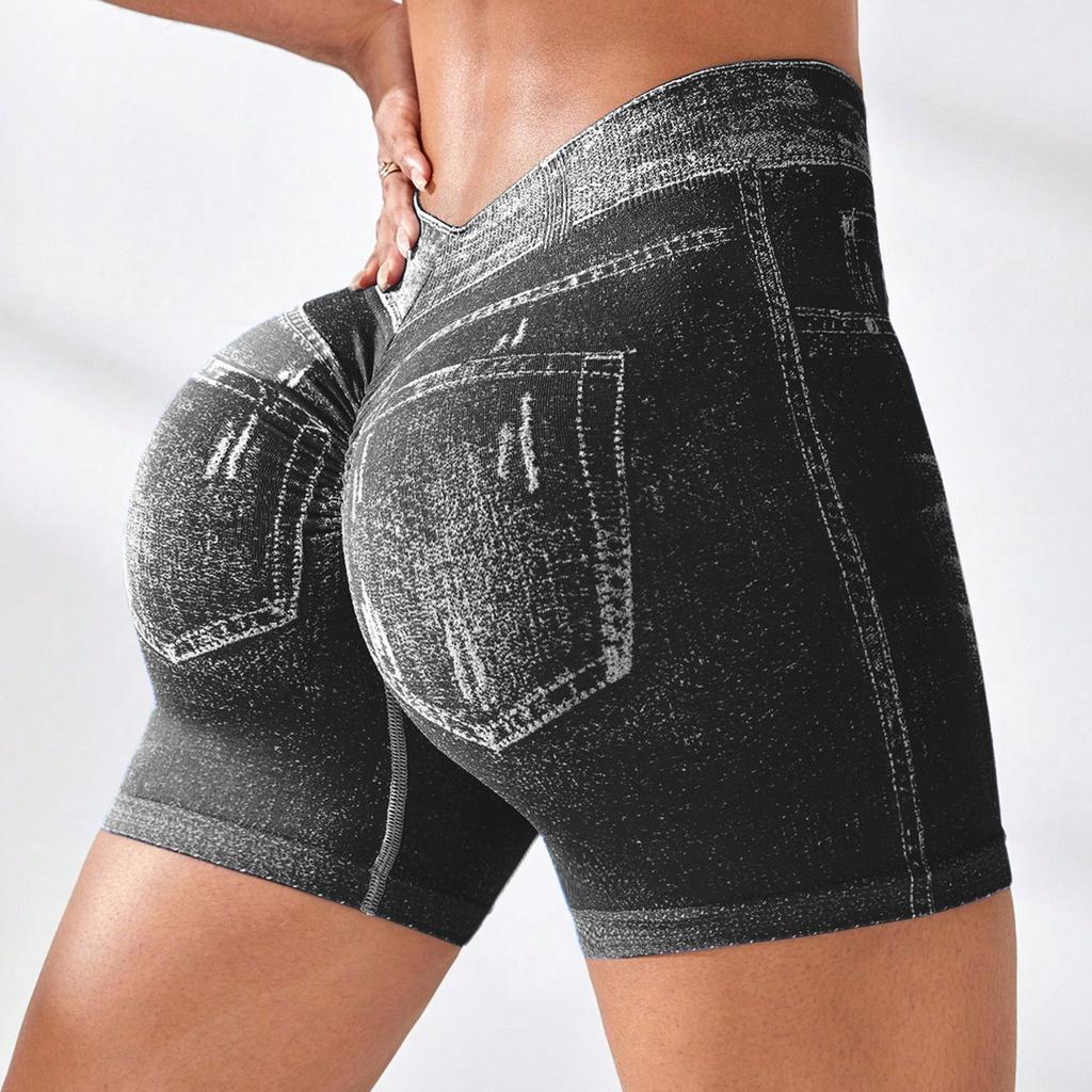 Nahtlose Yoga-Shorts für Damen in Jeans-Optik, hoher V-Bund hinten, Po-Lifting, eng anliegend, für Laufen, Fitness, Dreipunkt-Hose
