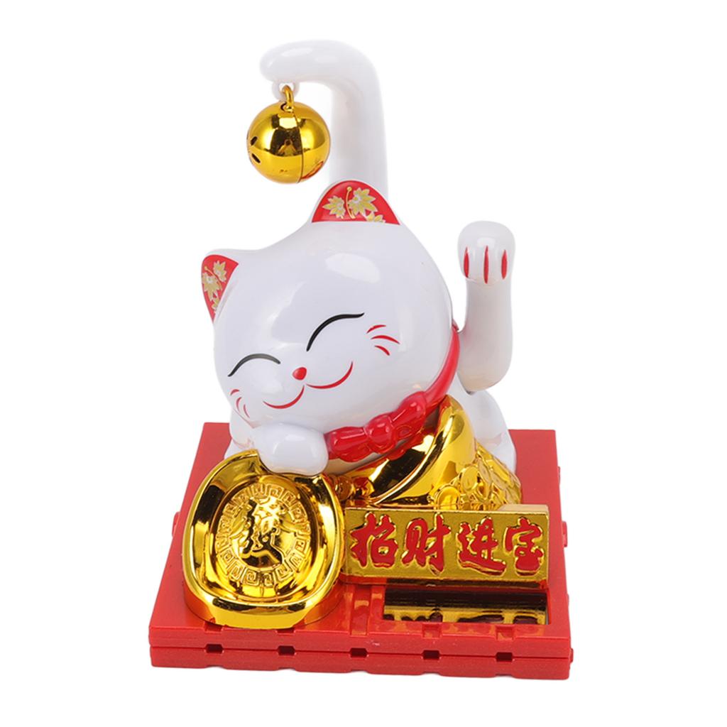 Solar Powered Lucky Cat Good Luck Wealth Welcoming Fortune Cat with Bell Home Room Office Desktop