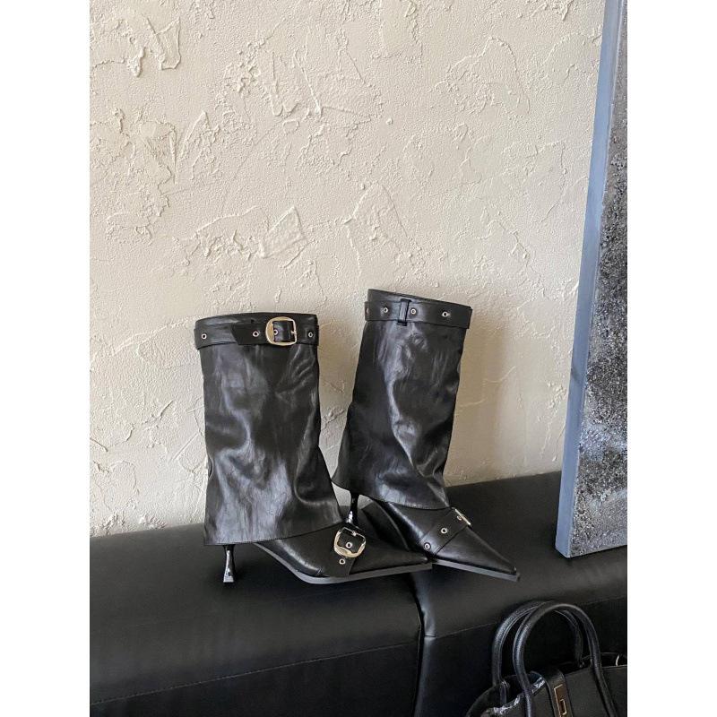 

2025 осень европейский и американский стиль ремень металлическая пряжка острый носок высокий каблук широкое голенище тонкий каблук сапоги 39