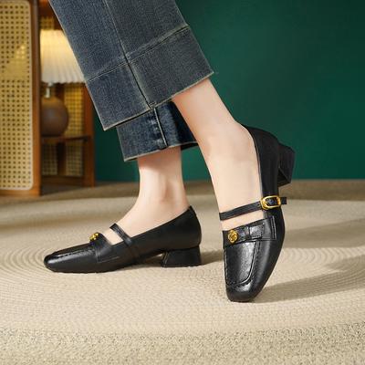 Soft Leather Retro Single Shoes Women's Thick Heel One-word Buckle with Mary Jane Shoes Commuter Single Shoes Camellia Black Work Shoes