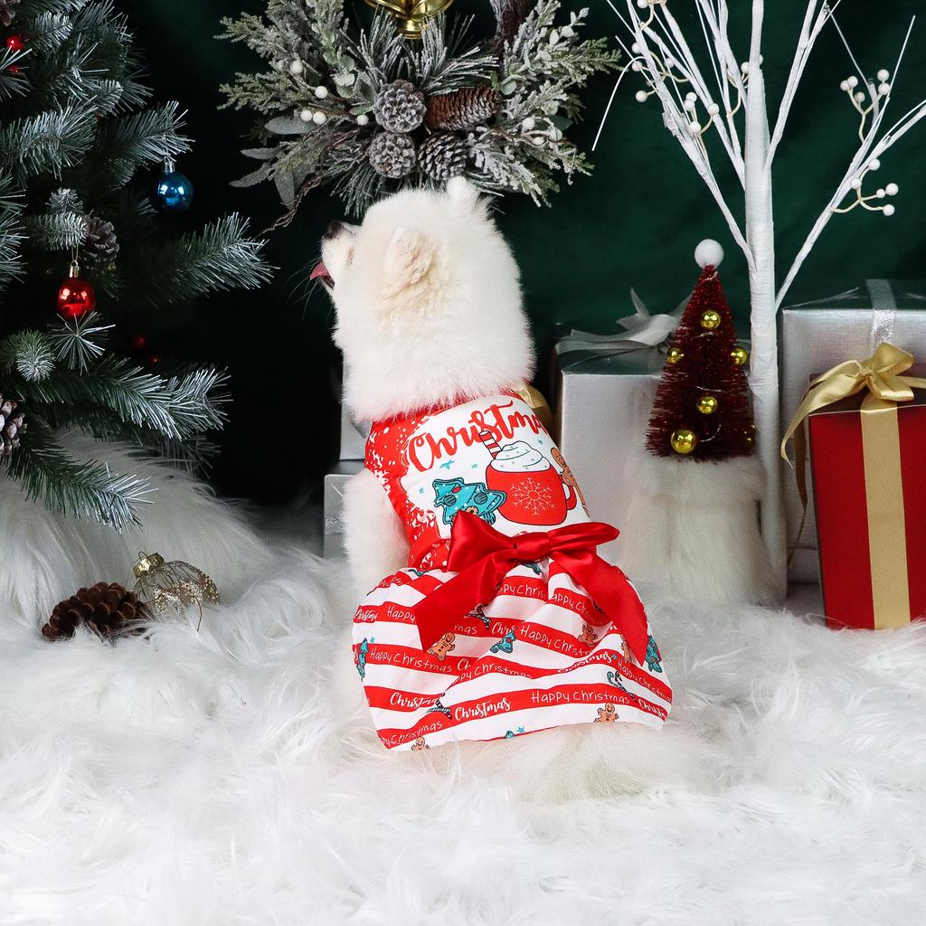 Dog Happy Christmas Dresses Striped Puppy Clothes with Cute Gingerbread Printed Beautiful and Comfort Costume with Bowknot Chr