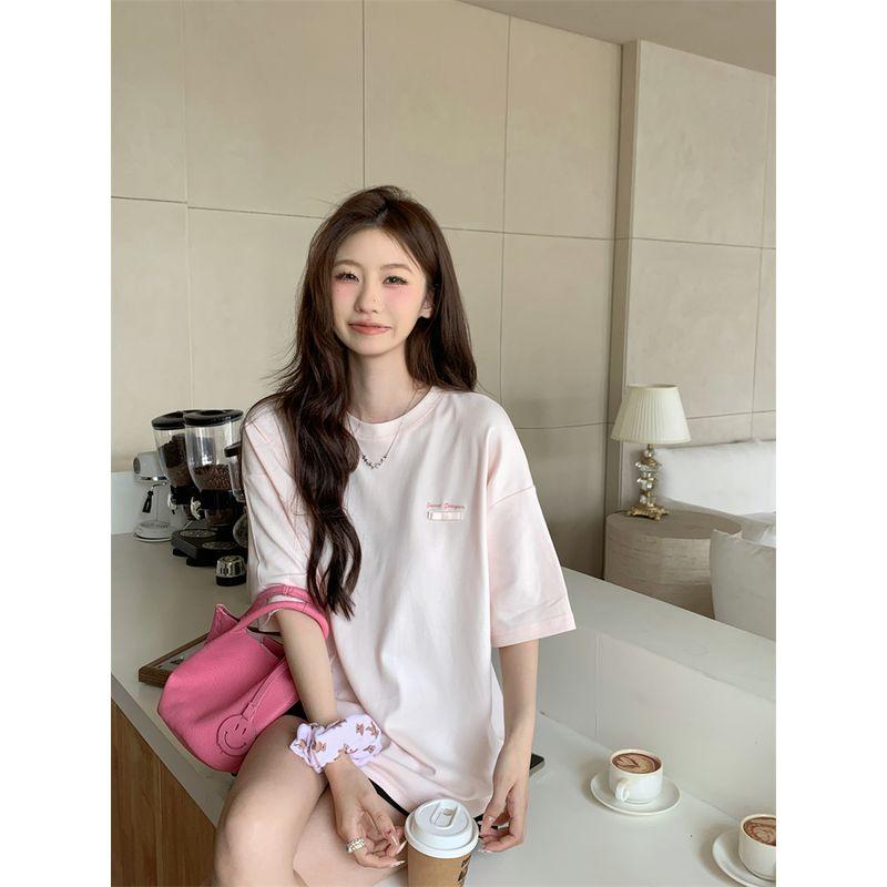 Kumikumi Sweet Cartoon Print Short sleeve T-shirt Women Summer Niche Casual Loose Pink round Neck Top