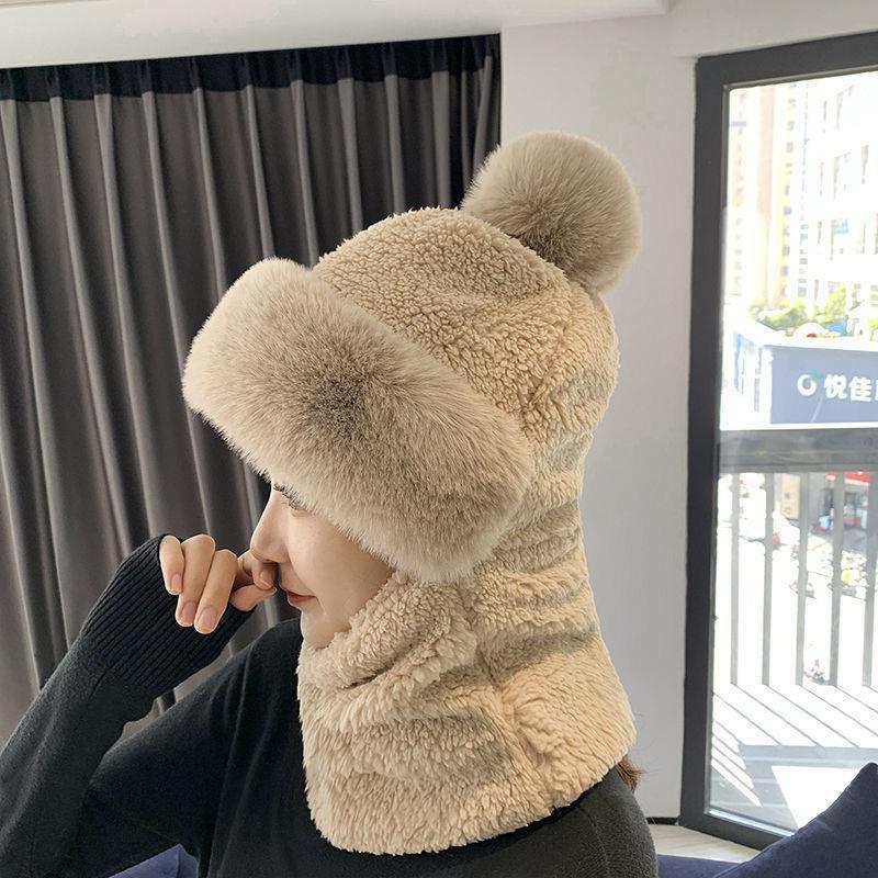 Inverno Protezione Integrata per le Orecchie Cappello Antivento Cappello Baotou Sciarpa Maschera Pompon di Pelliccia Più Velluto Cappello Caldo da Ciclismo per Donna