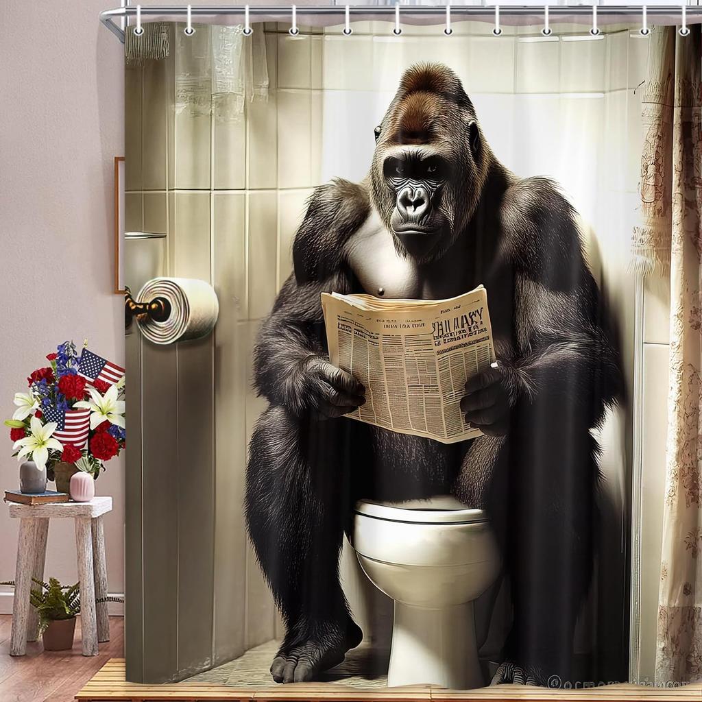 Gorilla Toilet Reading Newspaper Shower Curtain Funny Animal Print for Bathroom Decor