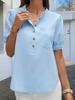 Women's Puff Sleeve Collared Blouse Half Button Down Cotton Loose Work Top