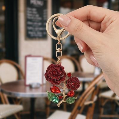 Bling Rose Keychain for Women Rhinestone Flower Keyring Accessory Sparkling Bag Charm for Purse Handbag