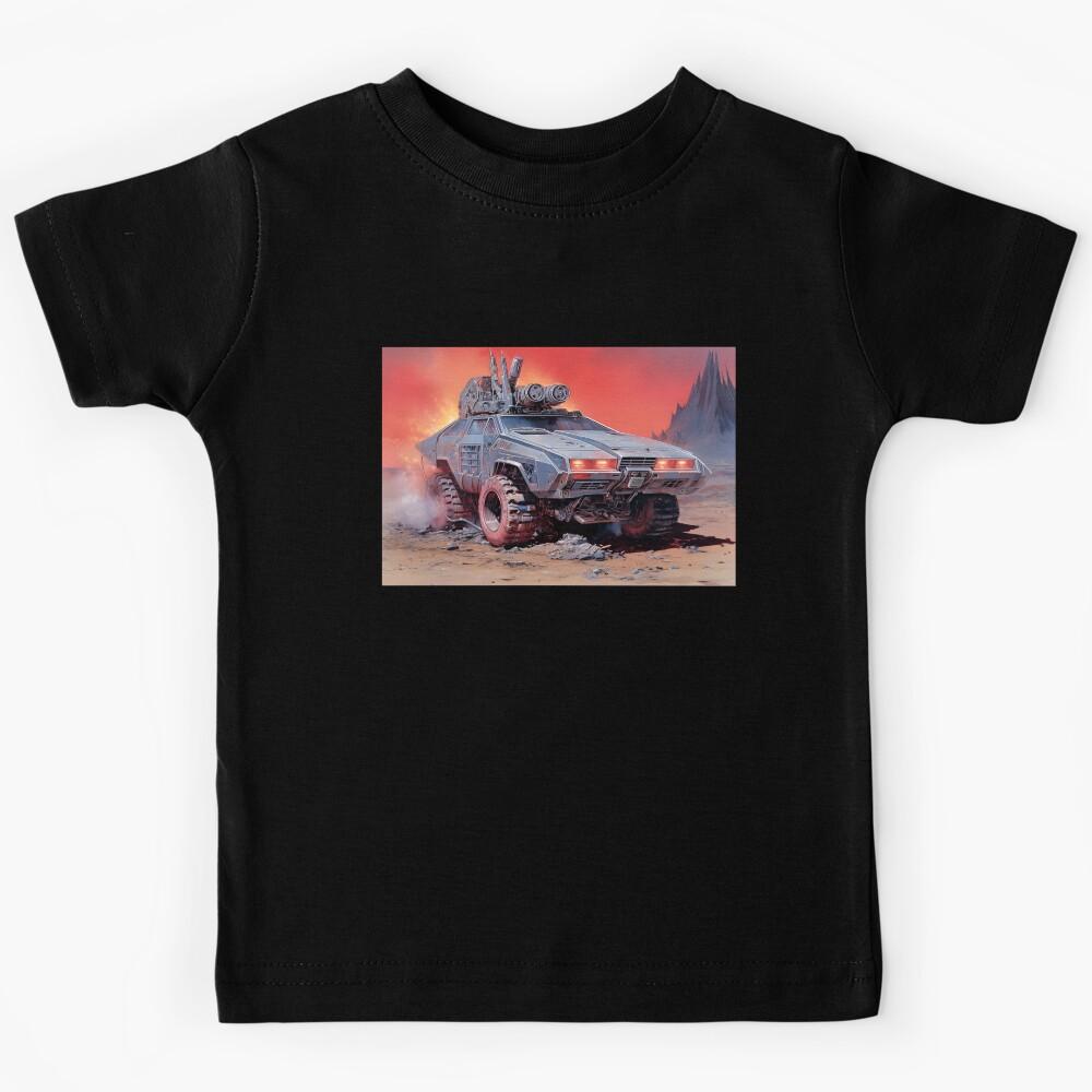 Landscape of Post Apocalyptic Futuristic Car with Off-road Wheels in Wasteland with Evening Sunset Sky Kids T-Shirt 120