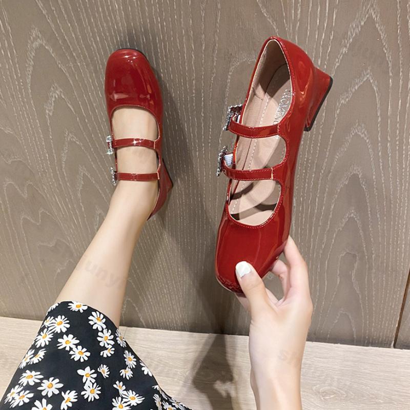 Mary Jane Shoes for Women Fashion Medium Heeled Women Spring New Chunky Heel Rhinestone Buckle Ballet Shoes Zapatos De Mujer
