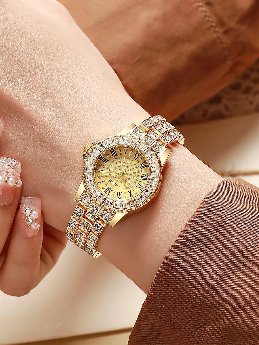 

Женские изысканные часы высокого уровня с римскими цифрами на циферблате, бриллиантовым циферблатом, полностью бриллиантовым стальным браслетом, кварцевые. золотой
