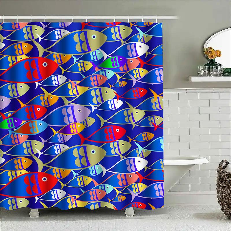 Colorful Fish Print Shower Curtain Creative Blue Background With Multiple Designs Bathroom Decor For Kids Adults